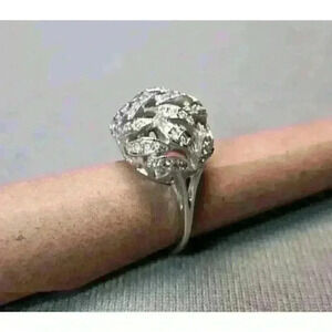 Sterling Silver Pave Leaves Dome Ring .925 Band CZ Ring Cubic Zirconia Size 8